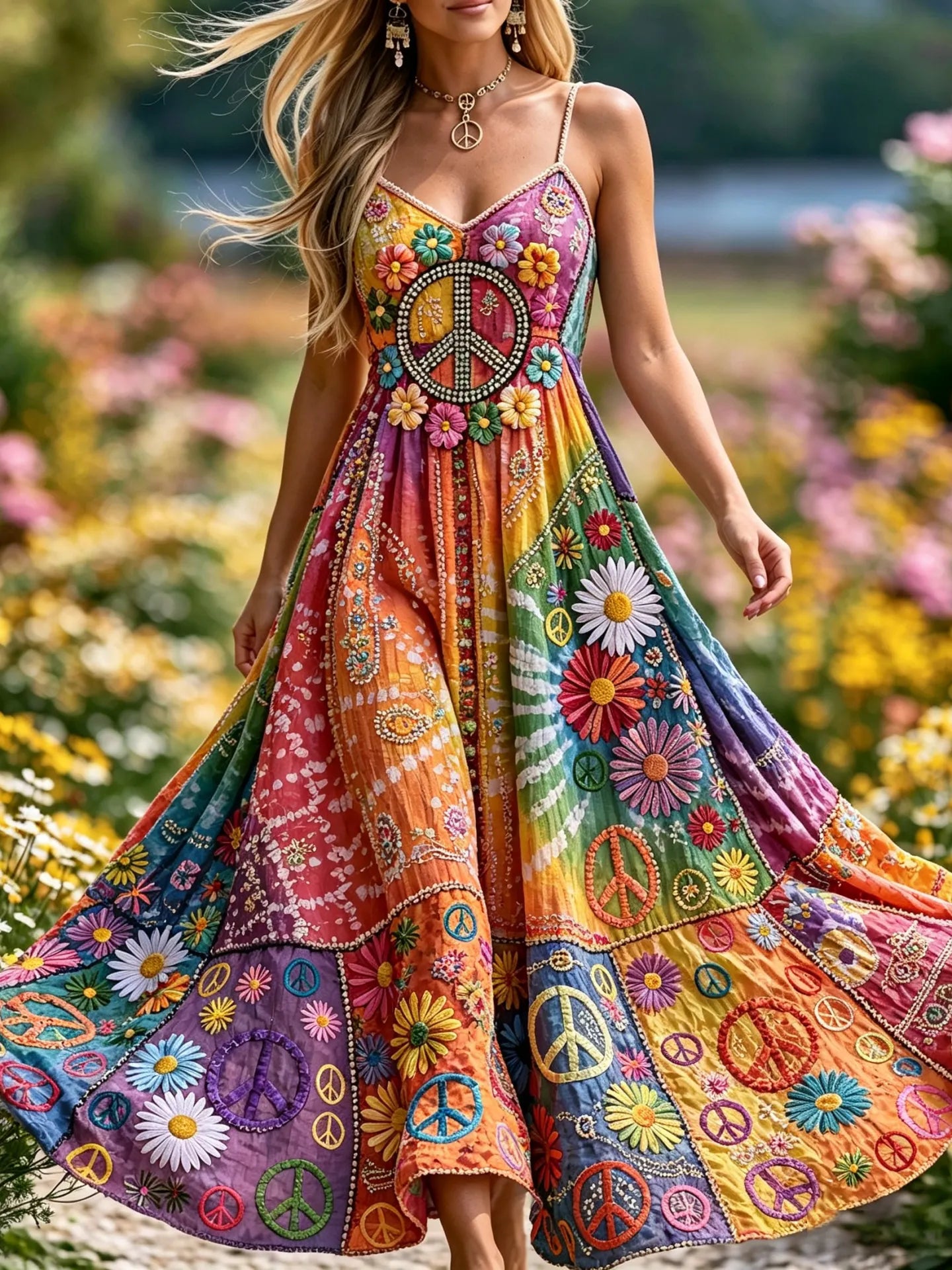 Women's Vintage Hippie Floral Gradient Pattern Casual Linen Sleeveless Dress