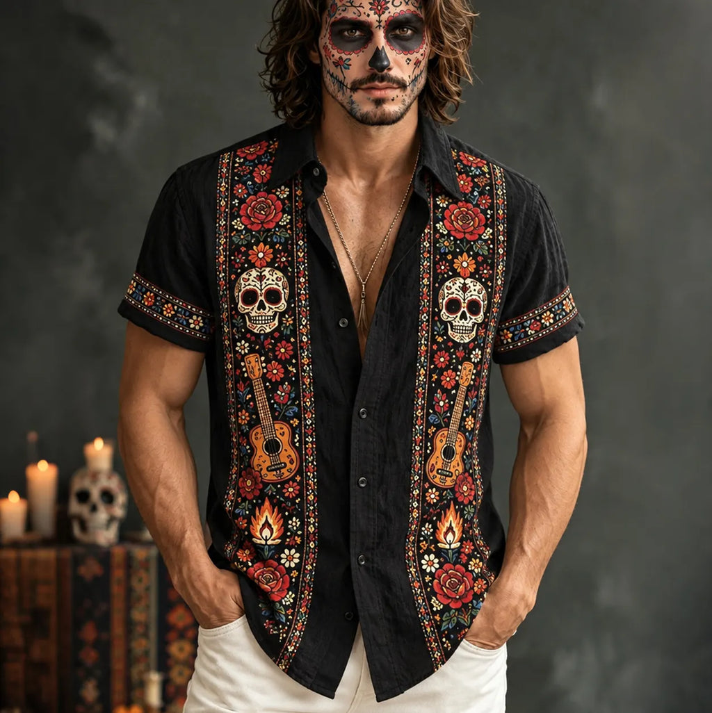 Men‘s Retro Mexico Day Of The Dead Sugar Floral Skull Printed Shirt