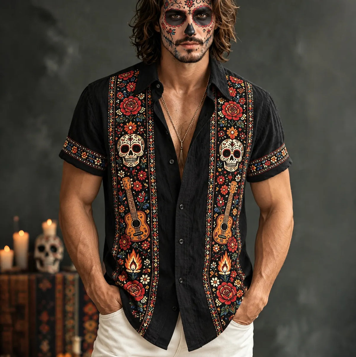 Men‘s Retro Mexico Day Of The Dead Sugar Floral Skull Printed Shirt