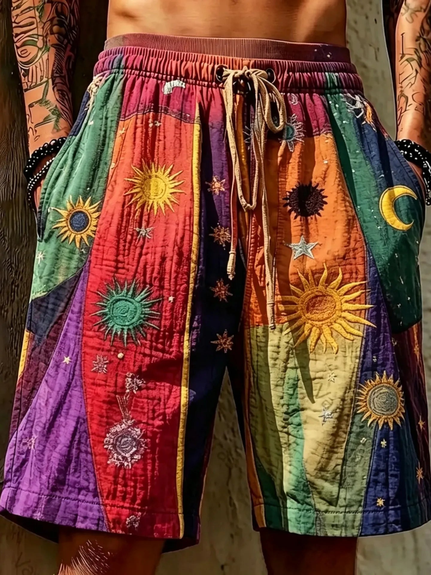 Men's Hippie Color Blocked Star Moon Embroidered Patchwork Print Shorts