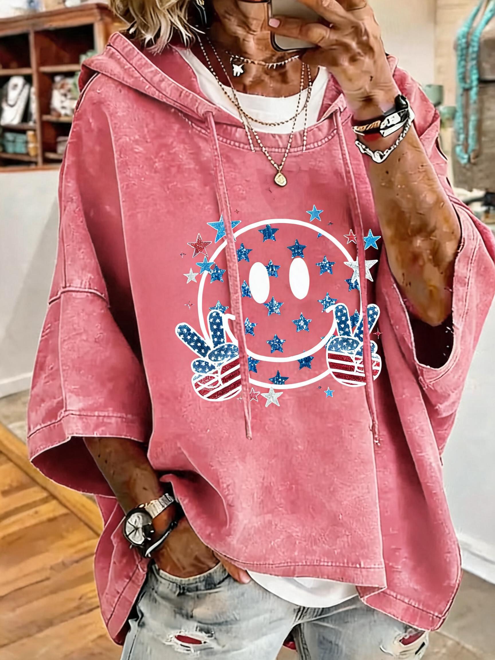 Women's Anniversary Flag Smile Print Oversized Hoodie