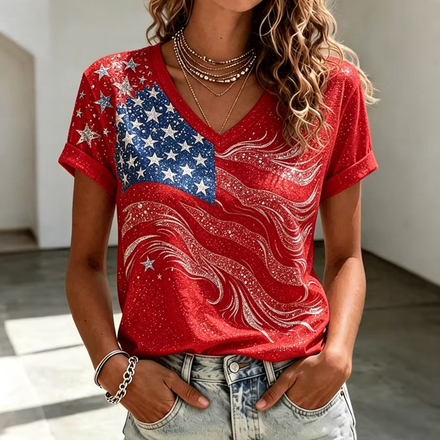 Women's Independence Day Flag Print V-neck Short Sleeve T-shirt