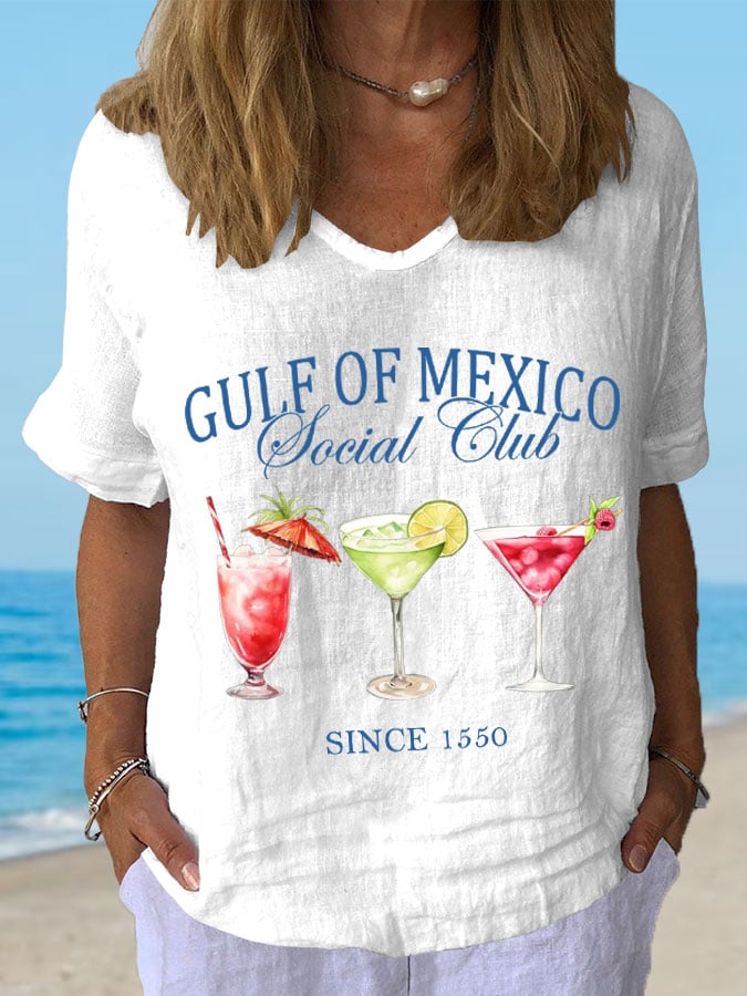 Women's Gulf Of Mexico Print Casual V-Neck Cotton and Linen Top