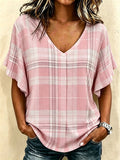 Women's Pink Plaid Print V-Neck Casual T-Shirt
