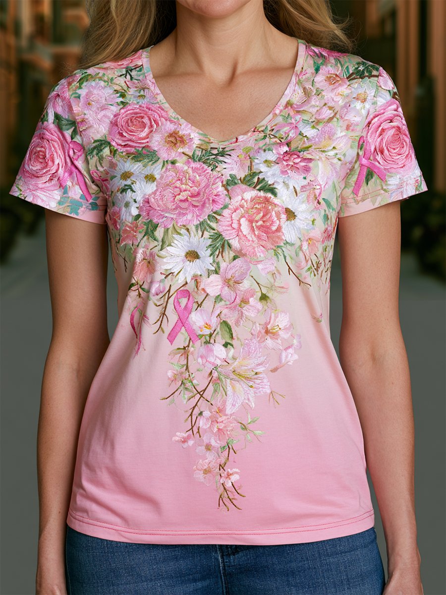Women's Breast Cancer Awareness Floral Art V-Neck Short-Sleeve T-Shirt