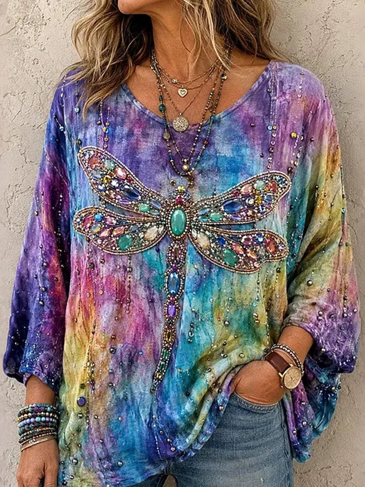 Women's Vintage Diamond Dragonfly Tie Dye Print Linen T-shirt