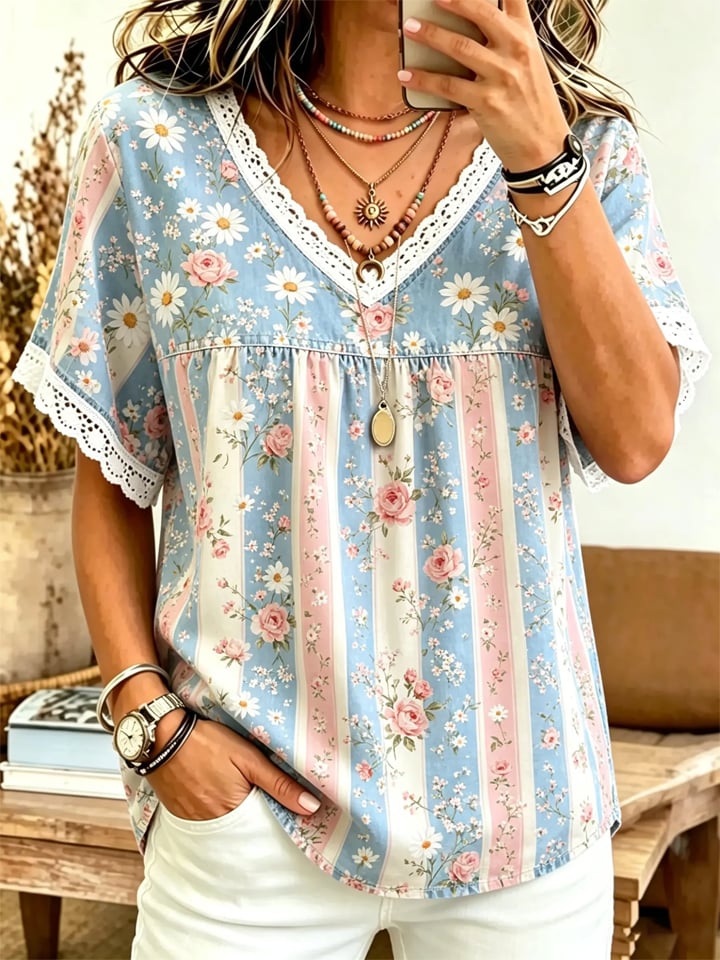 Women's Casual Breast Cancer Floral Print T-Shirt