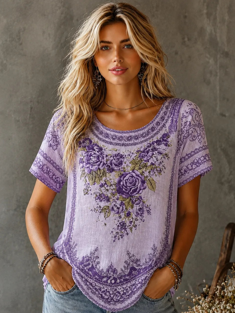 Women's Vintage Rose Embroidery Art Crew Neck Short Sleeve T-shirt