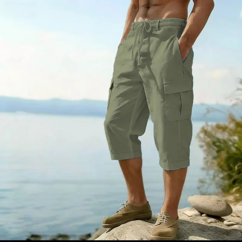 Men's Linen Cargo Pants Drawstring Multi-Pocket Straight Leg Breathable Outdoor Beach Classic Casual Pants