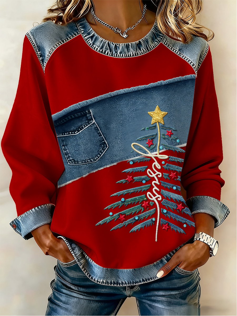 Women's Casual Retro Faith Christmas Tree Sweatshirt