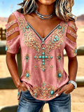 Women'S Retro Floral Western Style Faith Cross Pattern Top