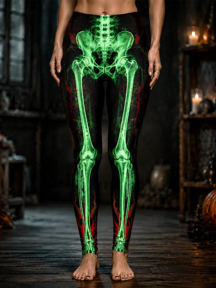 Women's Halloween Leggings - Glow-in-the-dark Neon Green X-ray Skeleton Bones And Blood Splatter Skinny Trousers
