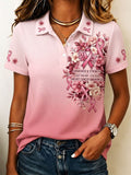 Women's Casual Floral Breast Cancer Awareness Print Polo Shirt