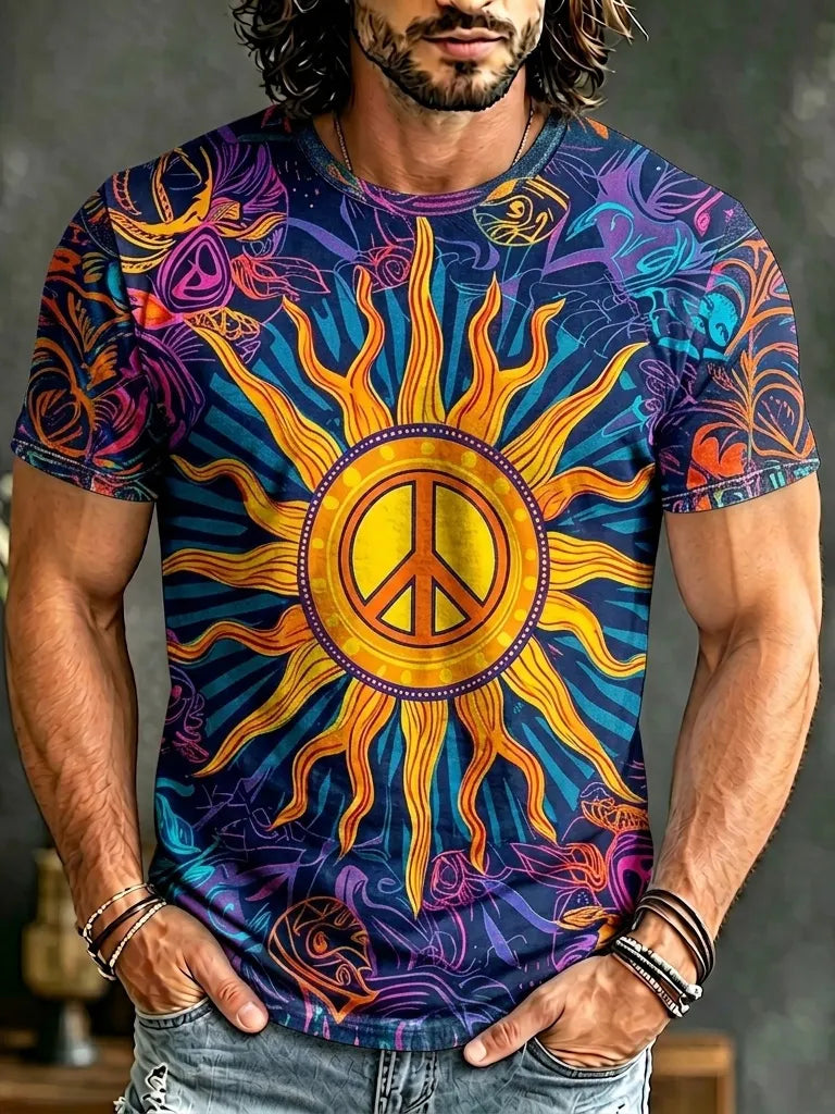 Men's Retro Hippie Peace And Sun Print Crew Neck Short Sleeve T-shirt