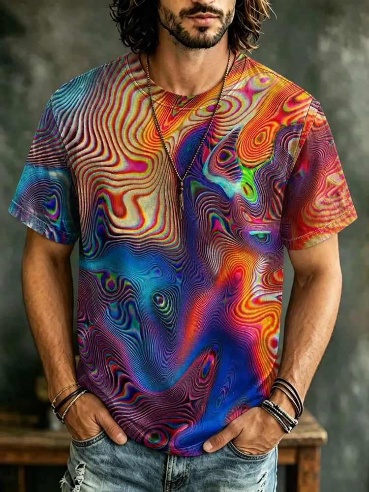 Men's Retro Hippie Style Colorful Abstract Art Print Casual Crew Neck Short Sleeve T-shirt