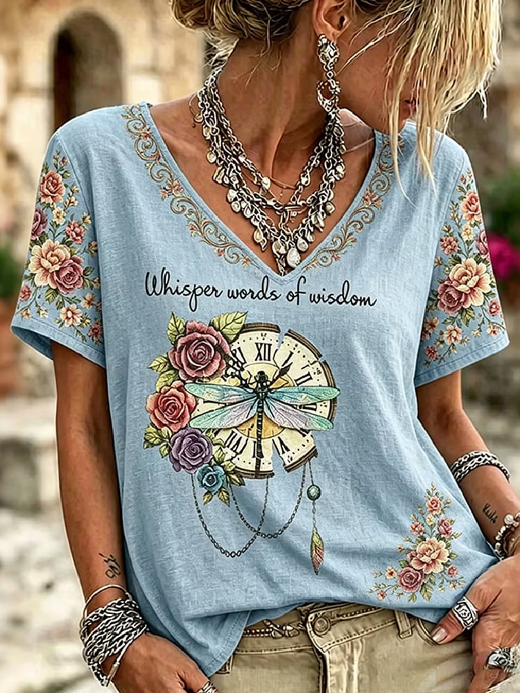Women's Casual Retro Short-Sleeve Top with Floral Breast Cancer Awareness Print
