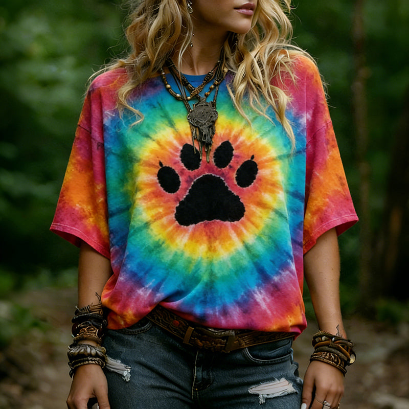 Women's Hippie Abstract Paws Tie-dye Rainbow Pattern Casual T-shirt