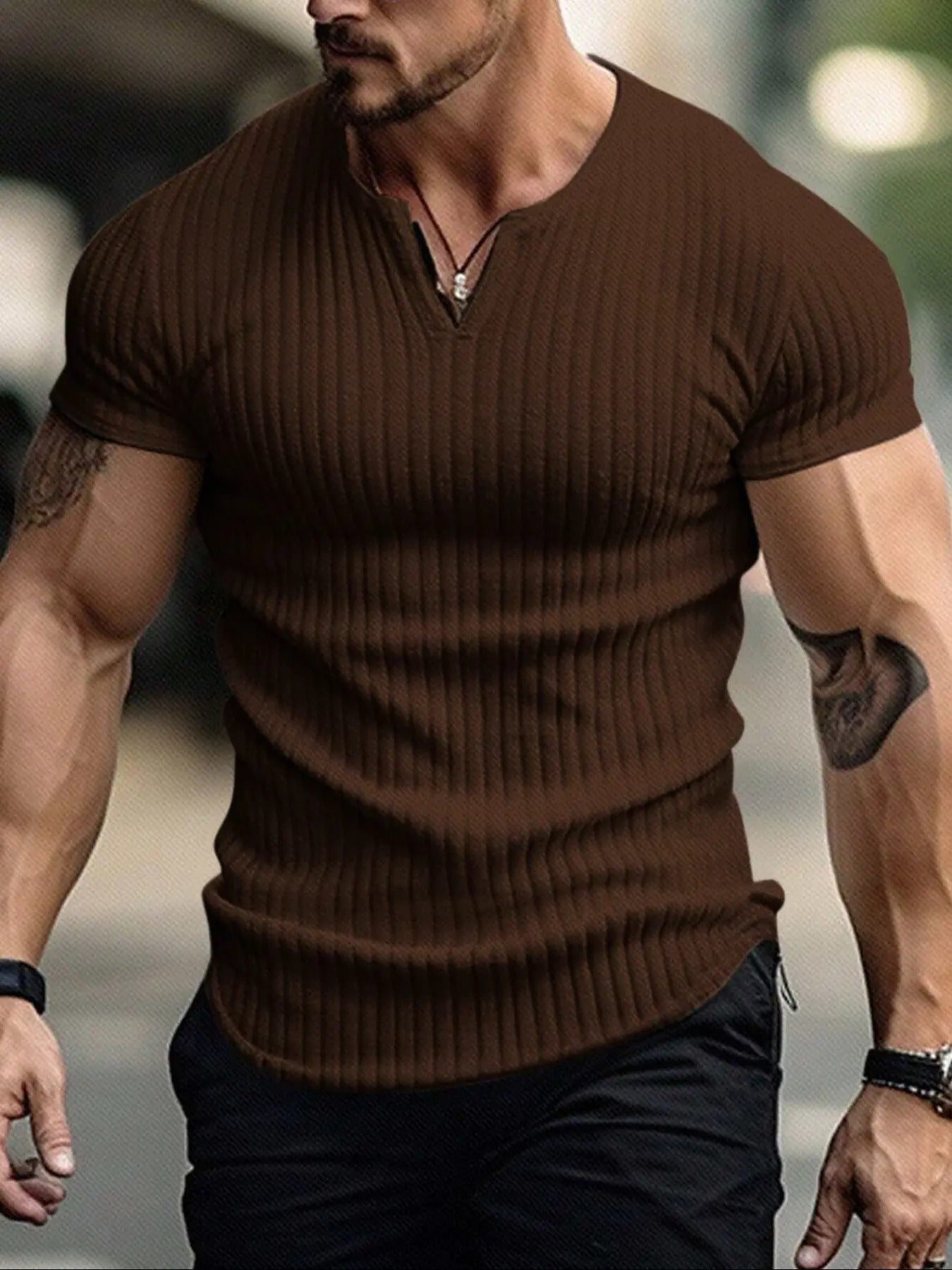 Men's Spring Summer Outfits Vertical Striped Textured V-Neck Short Sleeve T-Shirt for Daliy Wear, Gym Wear Solid Color Old Money Style
