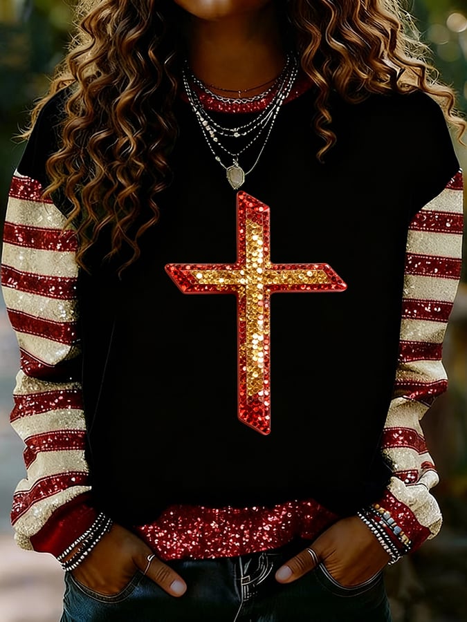 Women's Nativity Faith Art Print Casual Crew Neck Sweatshirt