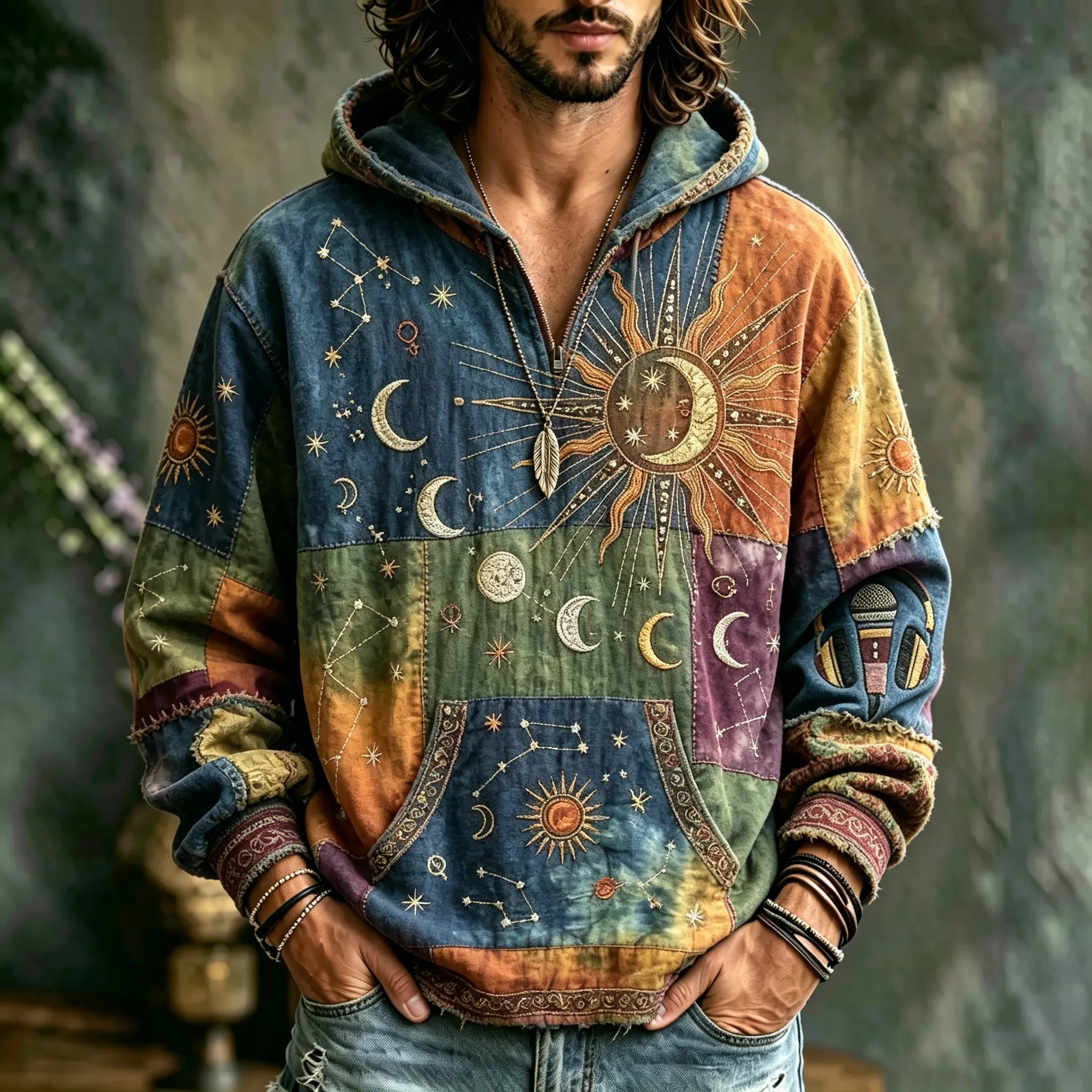 Men's Tie-dye Color-blocked Sun, Moon And Stars Hippie Print Hoodie