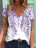 Women's Purple Flowers Print V-Neck Casual T-Shirt