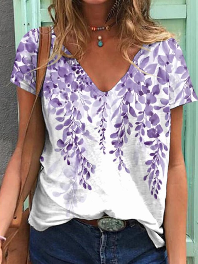 Women's Purple Flowers Print V-Neck Casual T-Shirt