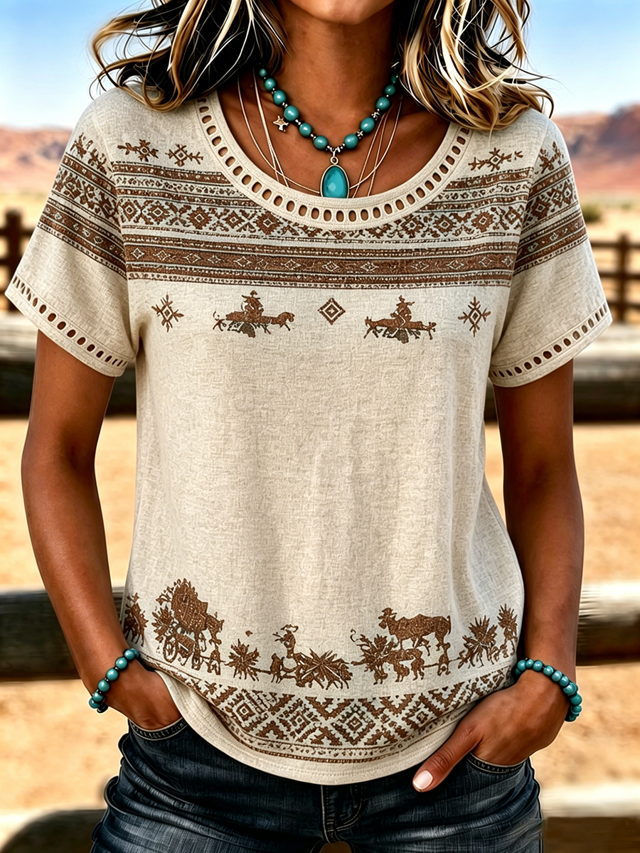 Women's Casual Cotton Linen Gradient Retro Floral Hollow T-Shirt