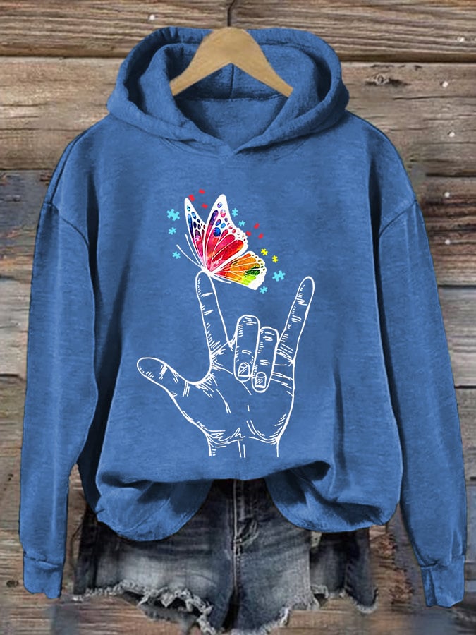 Retro Autism Awareness Butterfly I Love You Hand Sign Language Print Hoodie