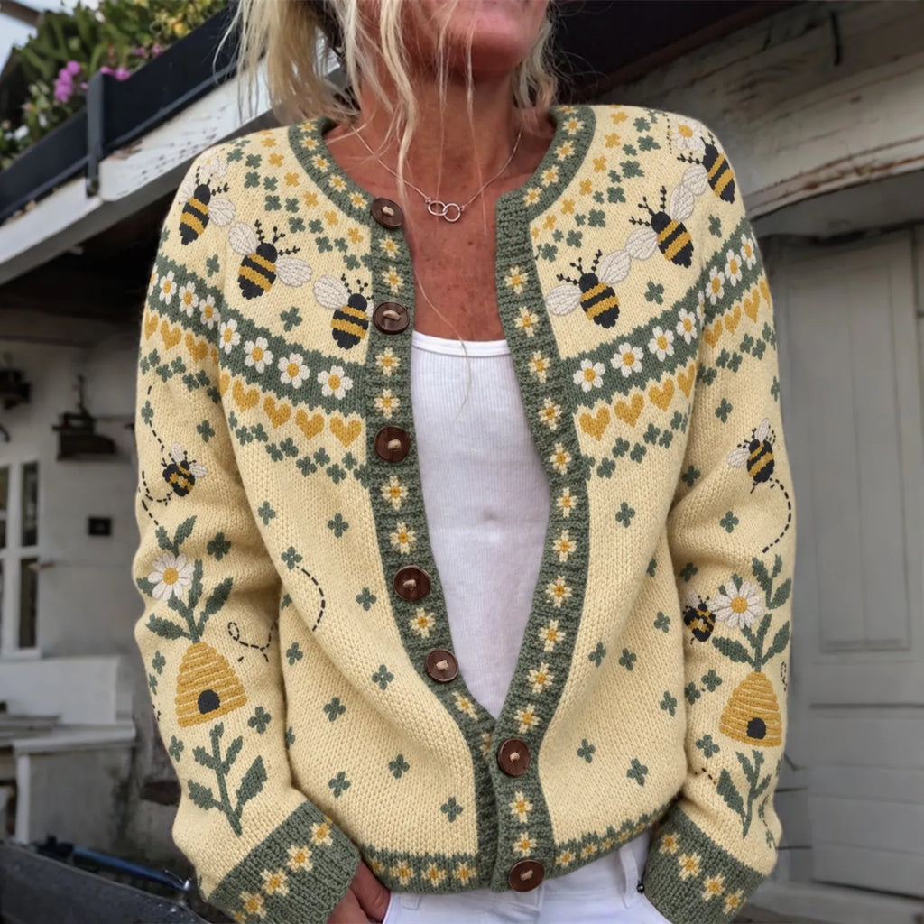 Women's Vintage Bee And Floral Print Casual Knit Cardigan Sweater