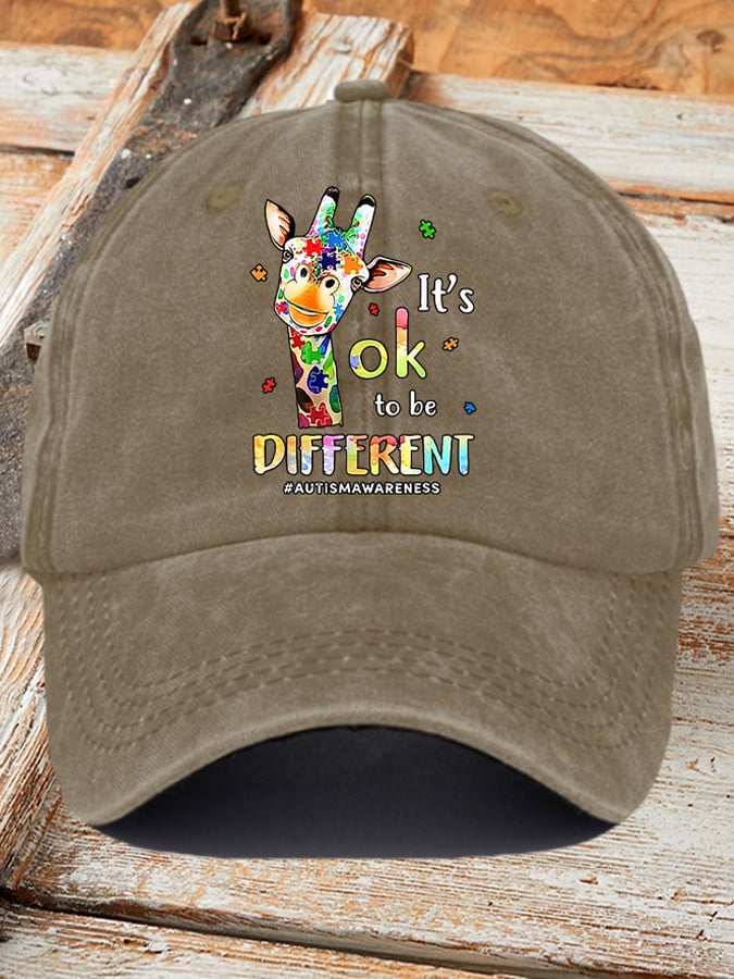 Retro Autism Awareness Giraffe It's Ok To Be Different Print Baseball Cap