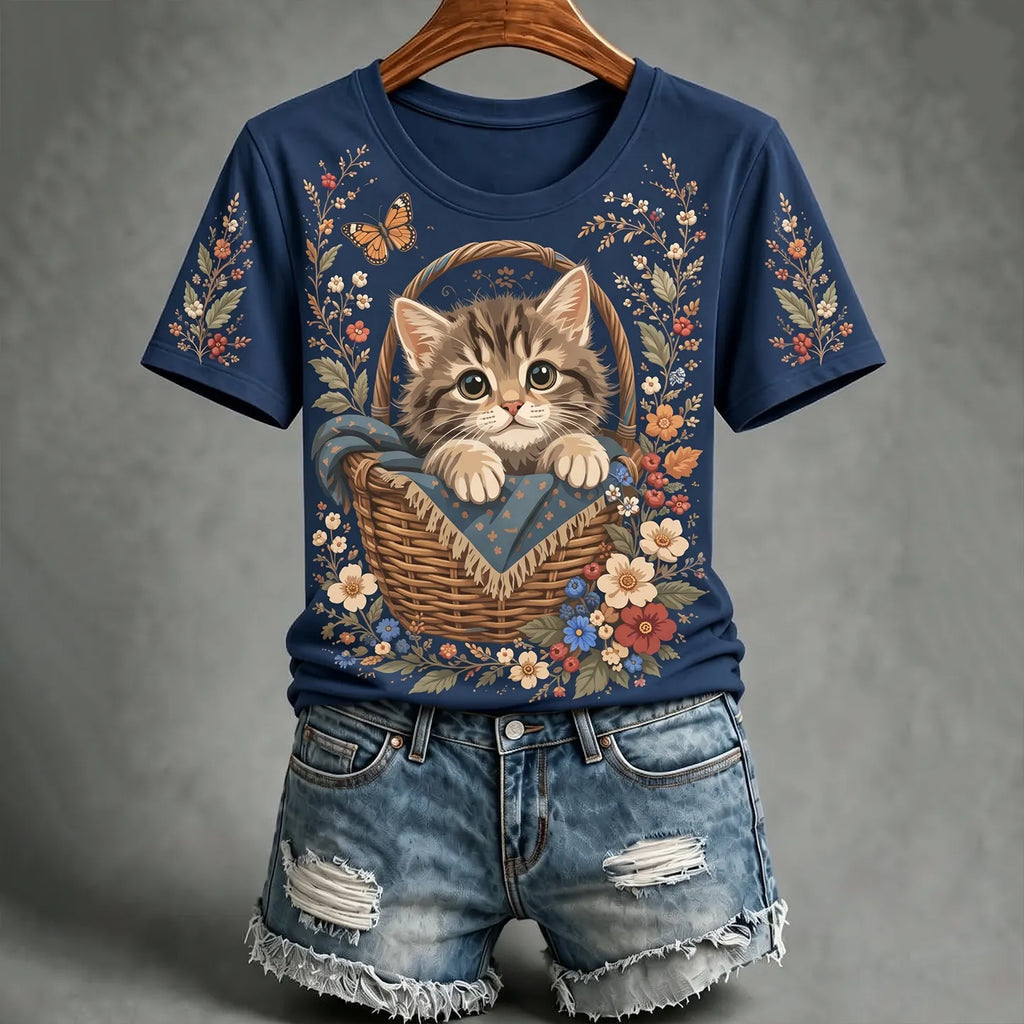 Women's Autumn Cute Cat Art Short Sleeve T-shirt