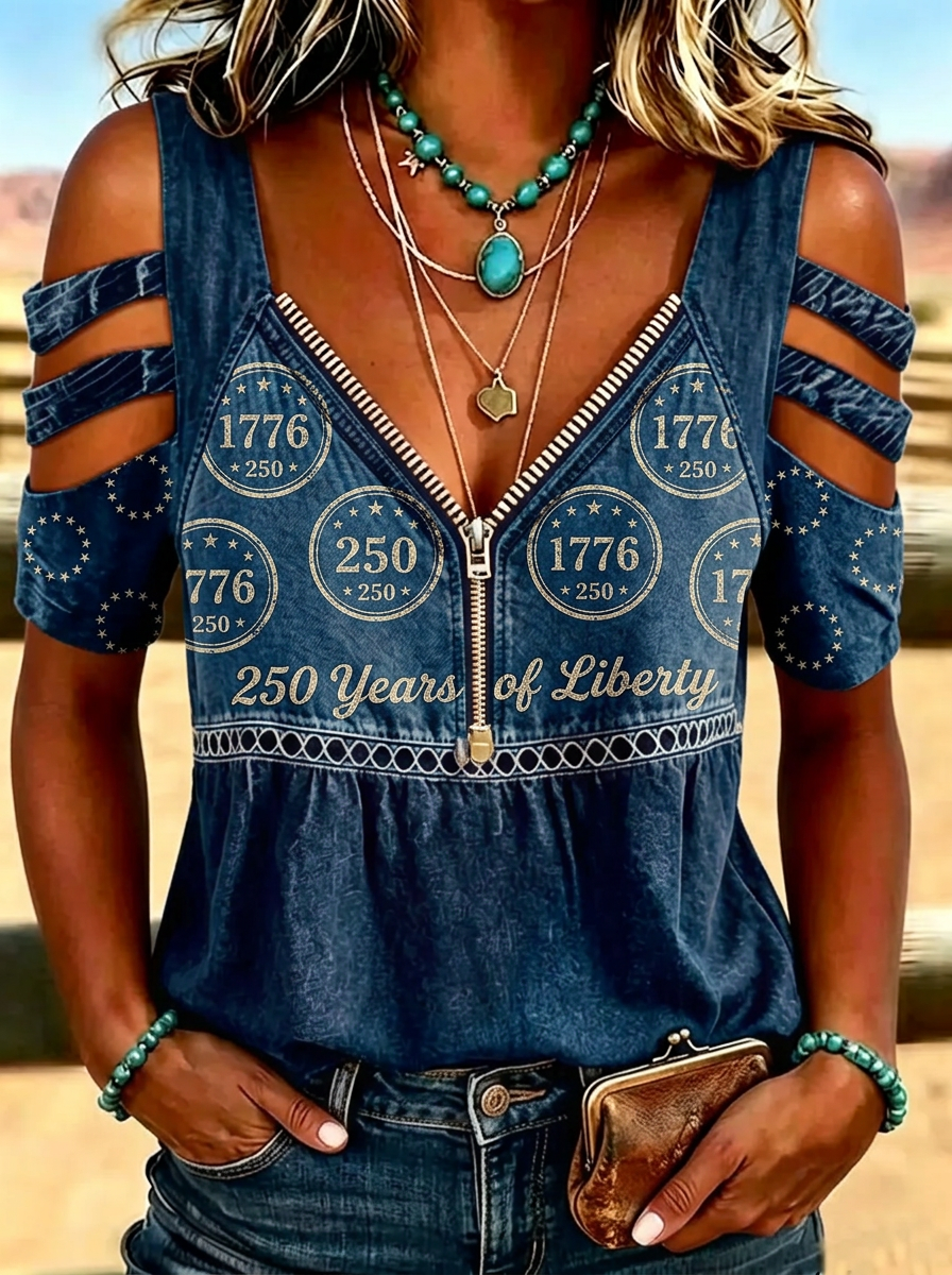 Women's Western Independence Day 1776 Liberty Printed Cold Shoulder T-shirt