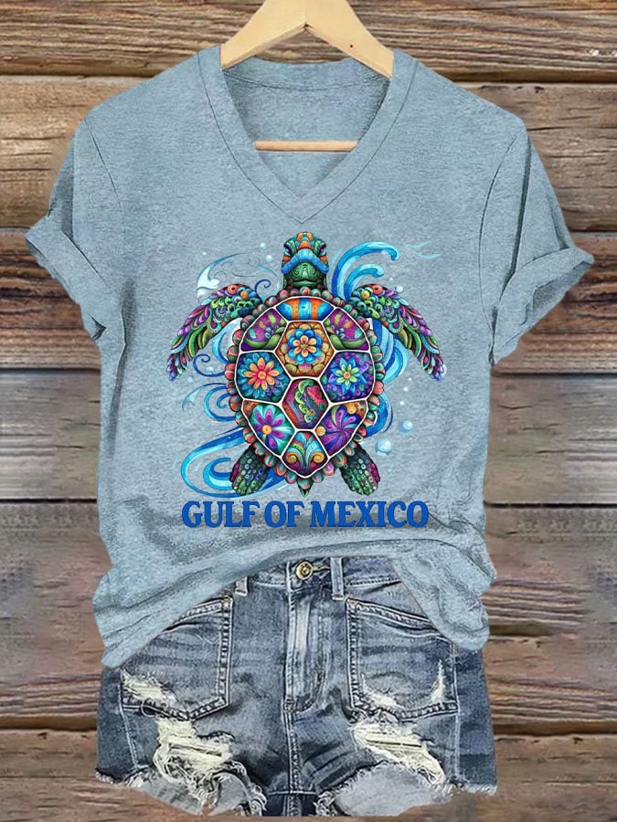 Women's Gulf Of Mexico Printed V Neck T-shirt