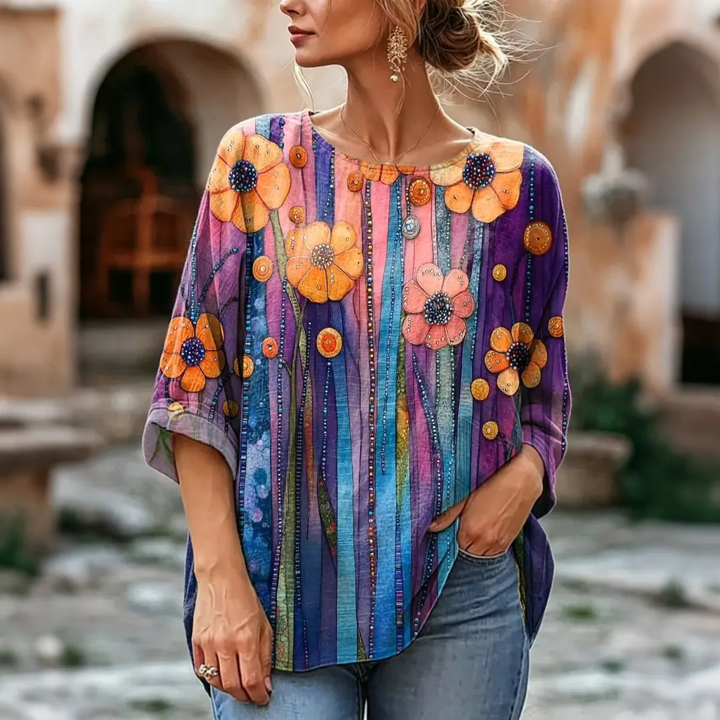 Women's Boho Floral Beaded Stripe Print Linen Blend Blouse