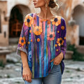 Women's Boho Floral Beaded Stripe Print Linen Blend Blouse