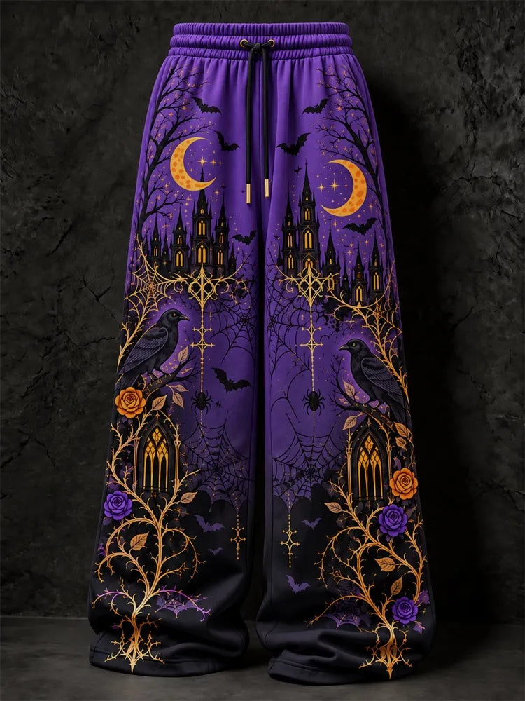 Women's Halloween Gothic Spiderweb And Crow Print Loose Pants