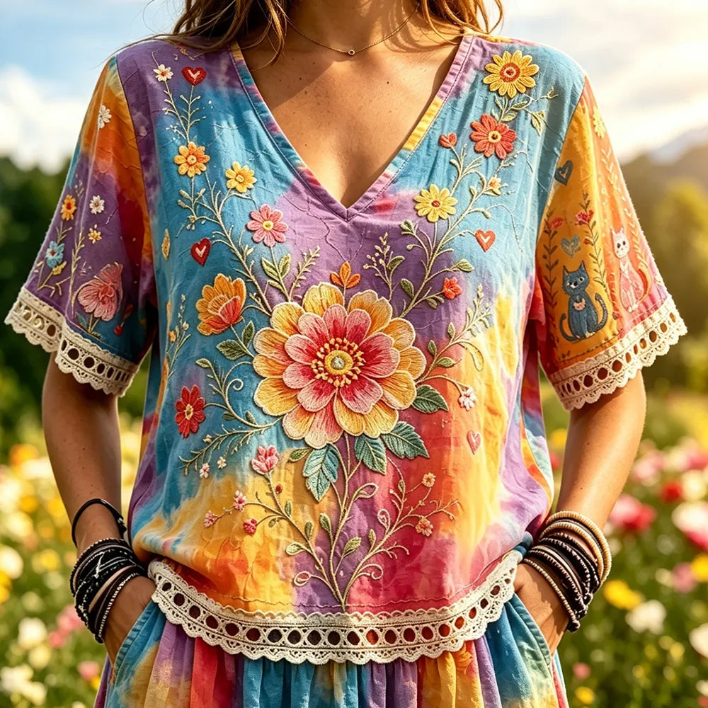 Women's Multi-colored Tie-dye Short-sleeved V-neck Shirt, Decorated With Large Floral And Cat Patterns.