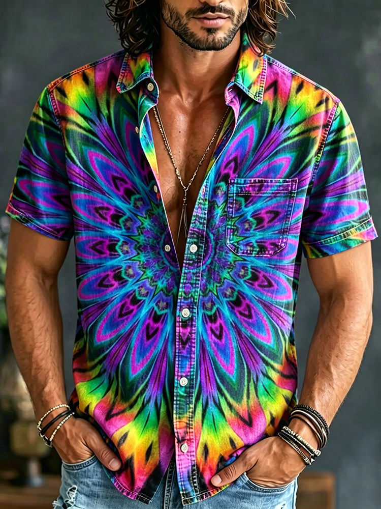Men's Hippie Abstract Oil Painting Art Print Collared Henley Shirt