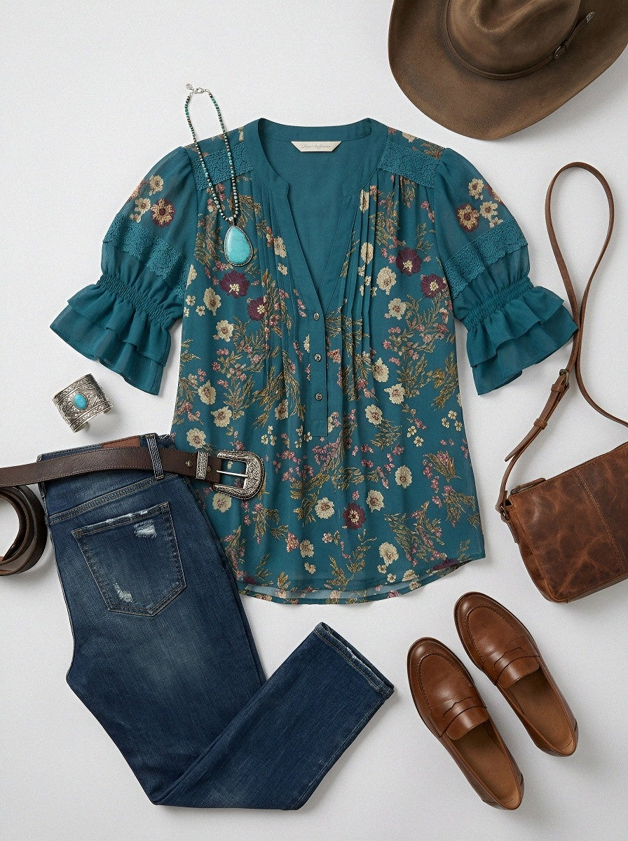 Women's Western Vintage Floral Lace Trim Printed Blouse