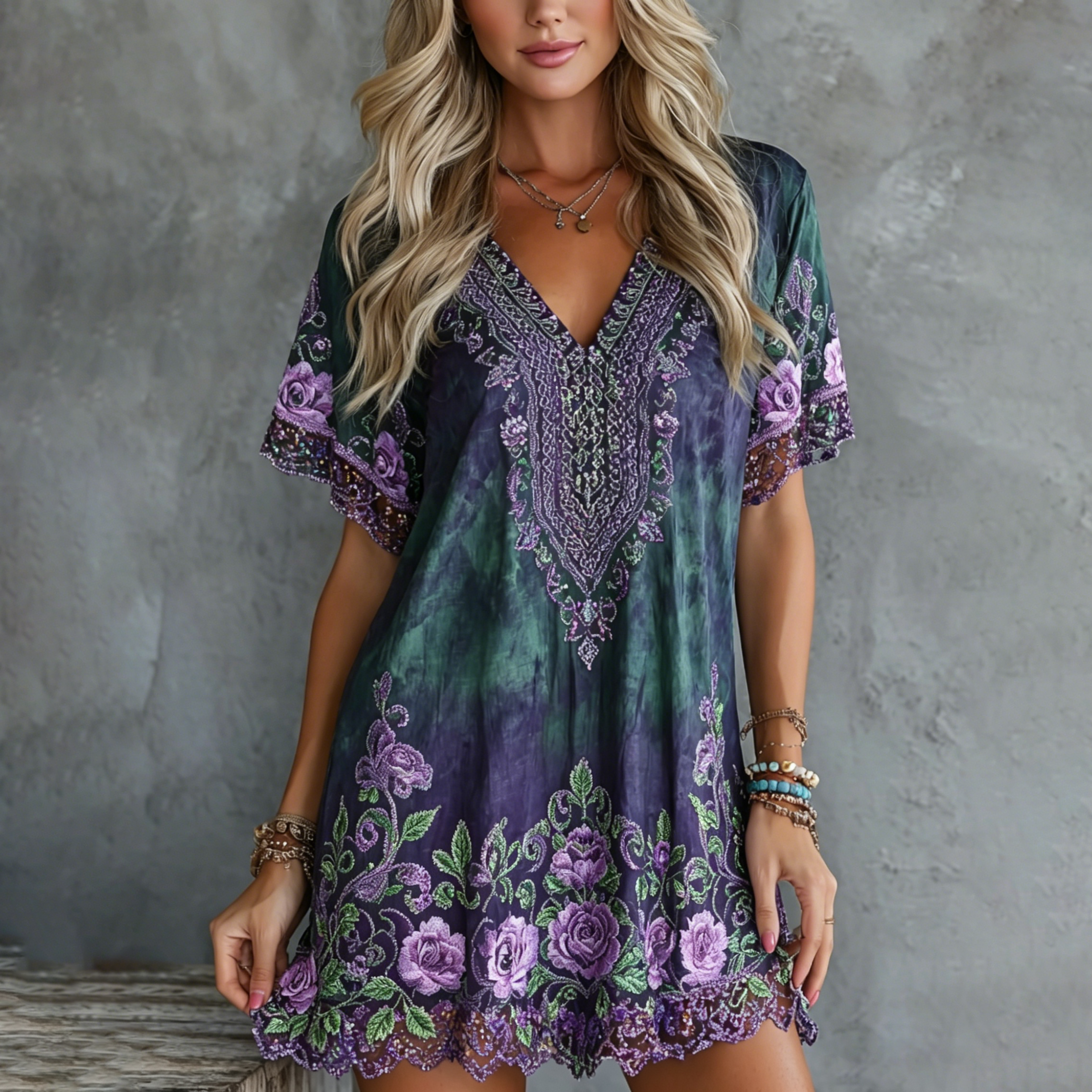 Women's Retro Floral Art Embroidery Cotton Linen V-neck Dress