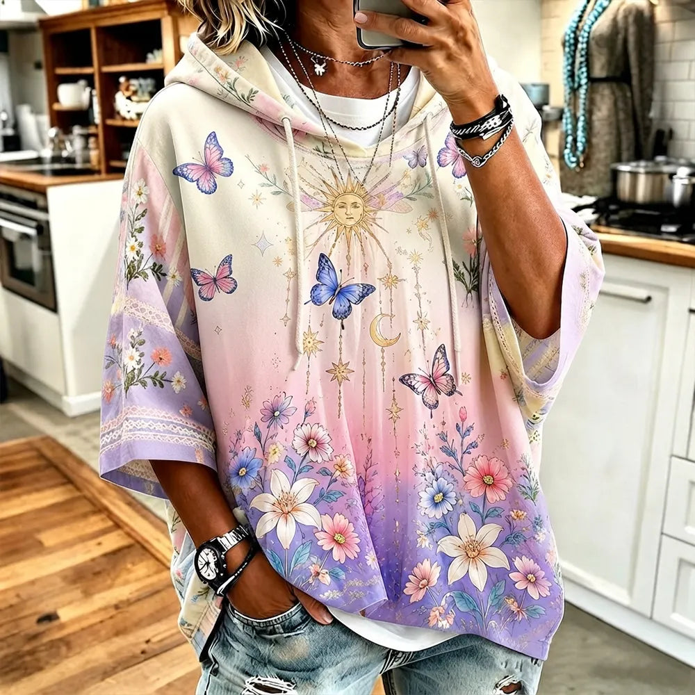 Women's Short Sleeve Poncho Hoodie With Gradient Background, Celestial Sun, Moon, And Butterfly Pattern