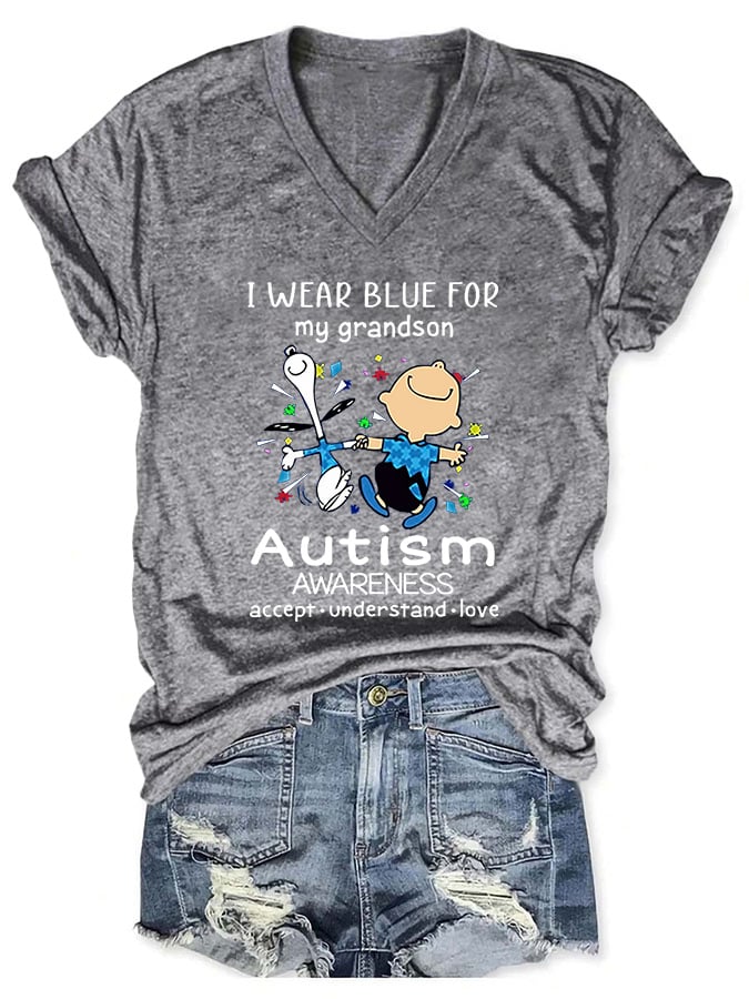 V-neck Autism Awareness I Wear Blue For My Grandson Print T-Shirt