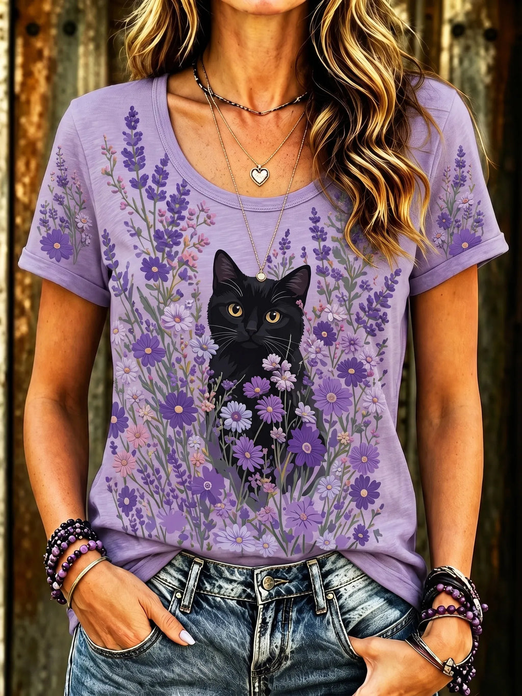 Women's Black Cat Art Print With Purple Flowers Alzheimer's Awareness T-shirt