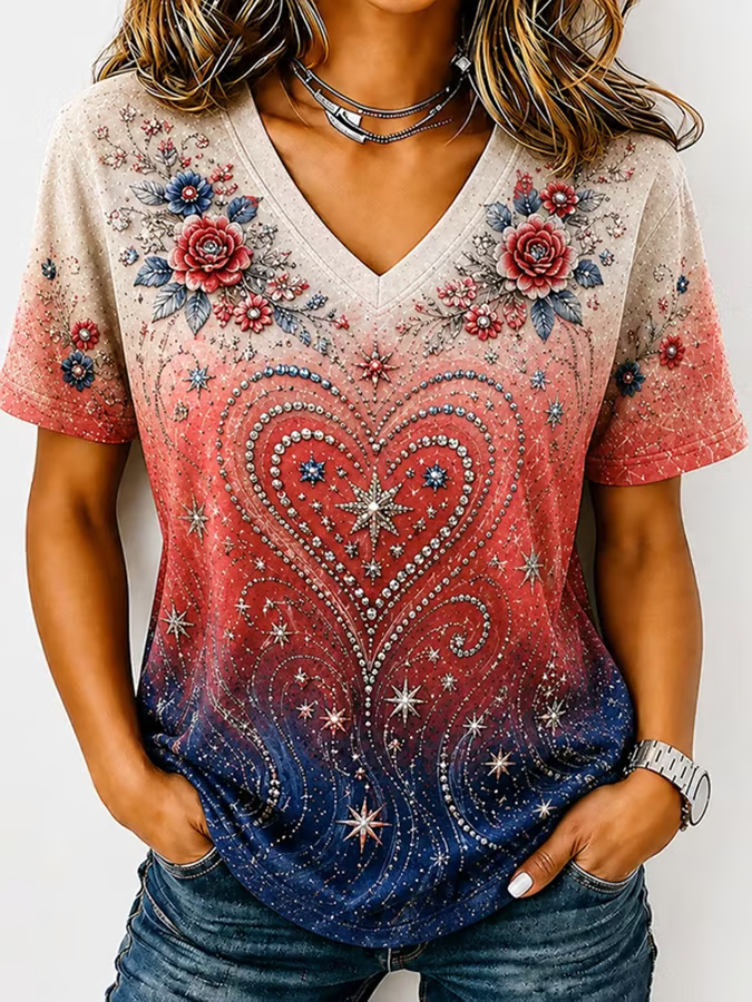 Women'S 250 Patriotic Printed Casual T-Shirt