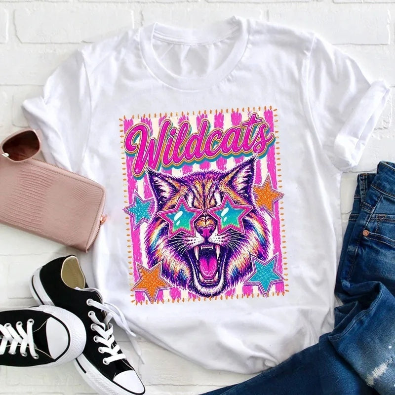 Personalized Mascot Neon Pink And Teal Star Sunglasses Cotton T-Shirt