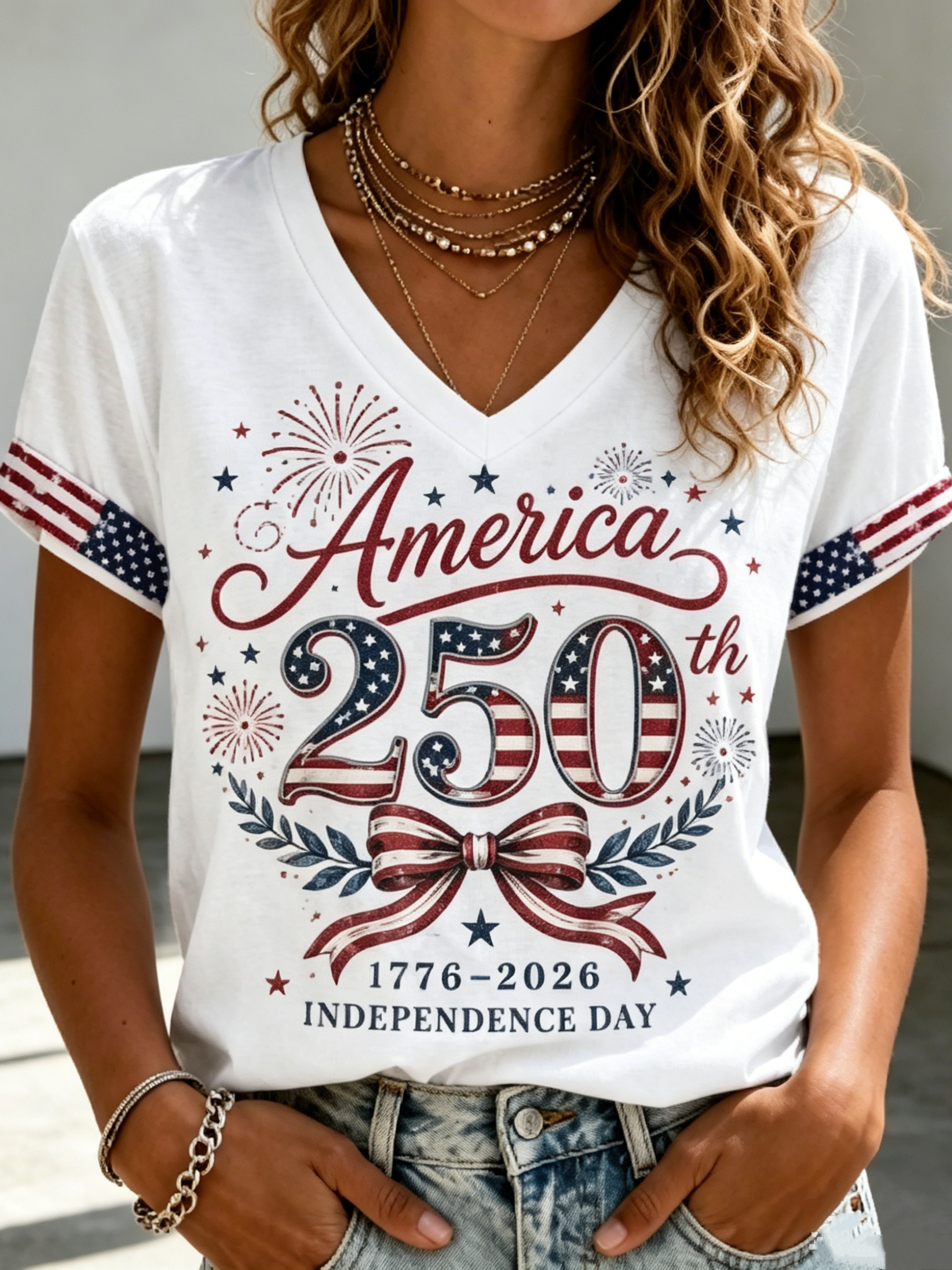 Women'S Independence Day Print Casual V-Neck T-Shirt