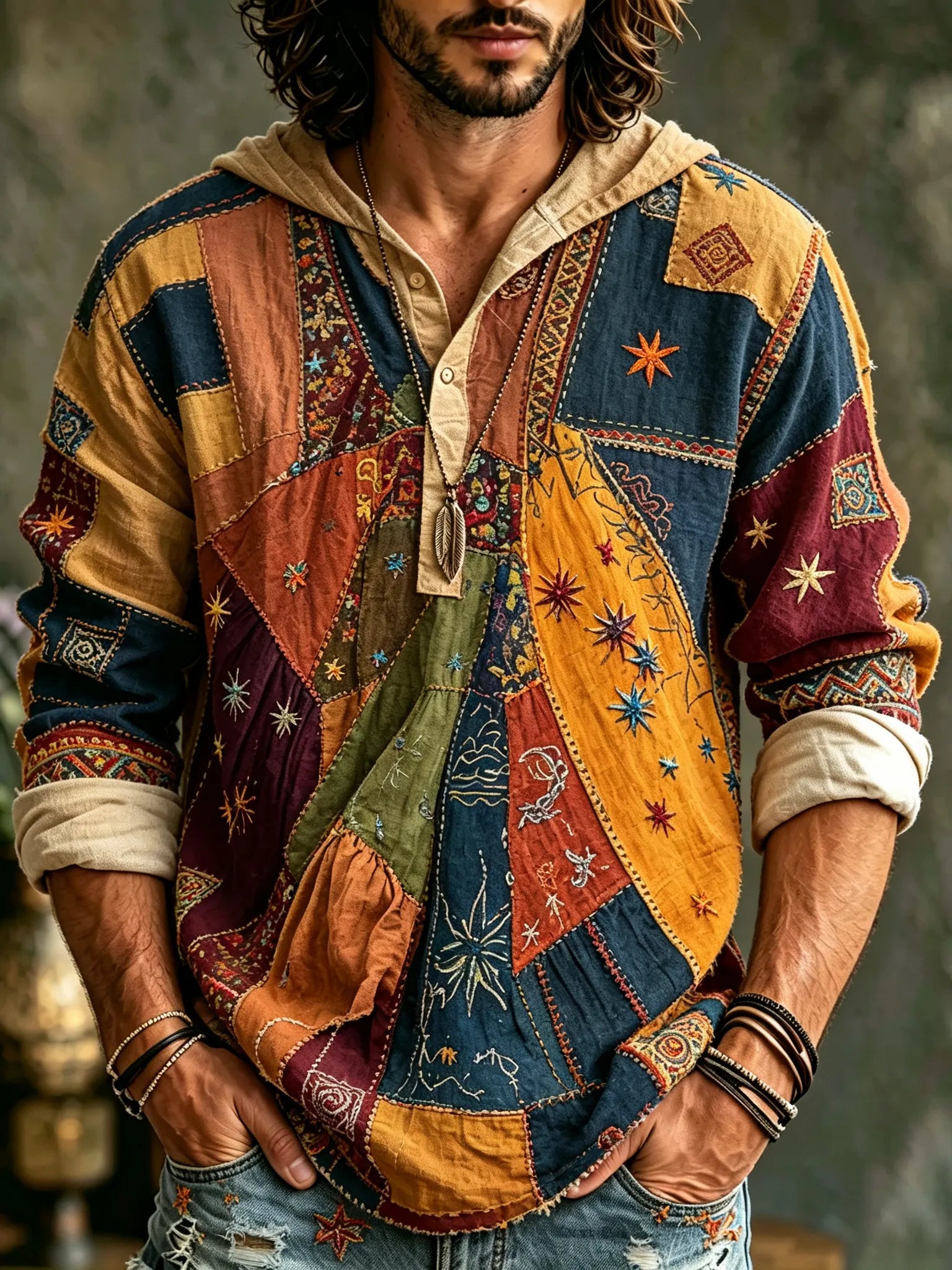 Men's Retro Hippie Patchwork Sun And Moon Print Long-sleeve Hooded