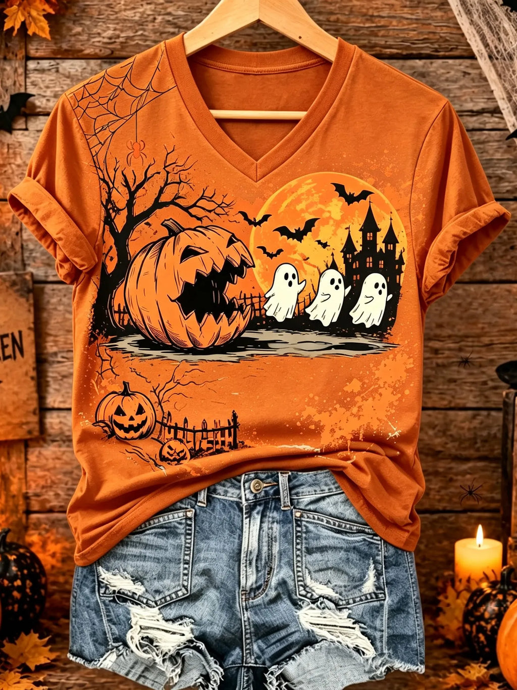 Women's Halloween Pumpkin And Ghost Print V-neck T-shirt