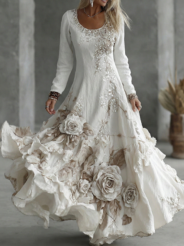 Women's Vintage Boho Floral Art Linen Flowy Maxi Dress