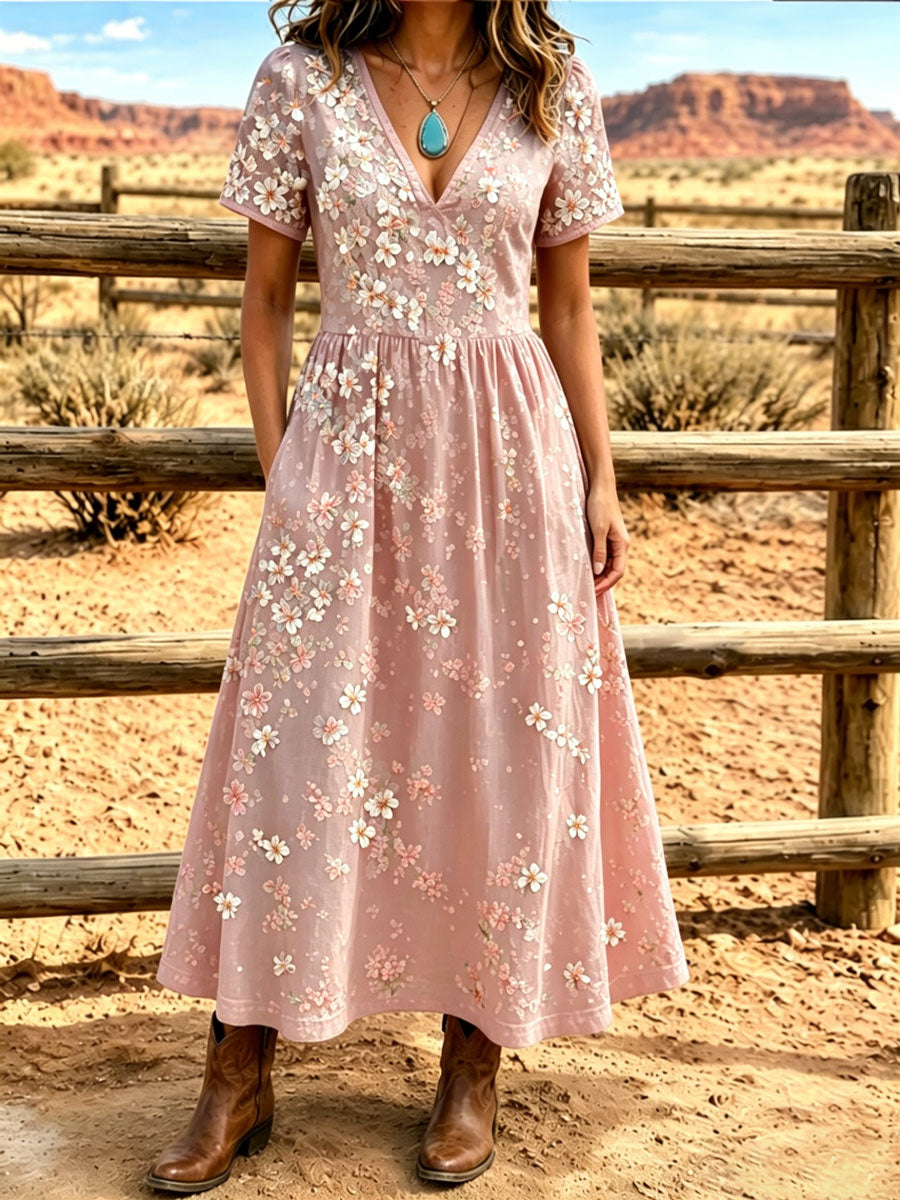 Women'S Western Style V-Neck Short Sleeved Floral Pattern Dress